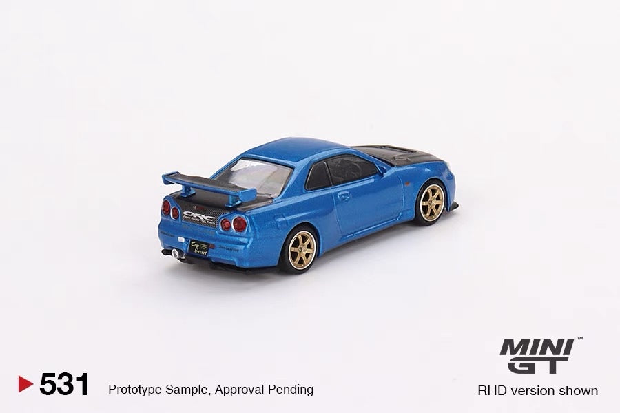 Mini GT 1:64 Scale Nissan Skyline GT-R (R34) Top Secret Bayside Blue