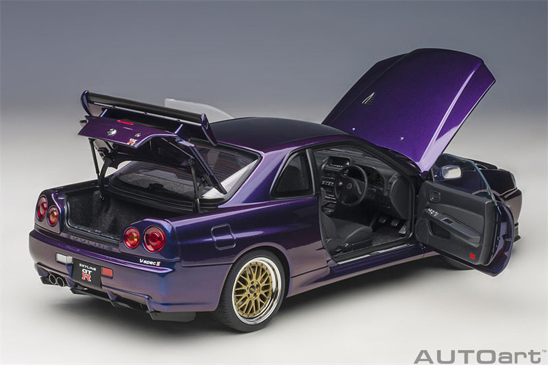 Brand New AutoArt 1:18 Nissan Skyline GTR R34 Night Purple BBS Wheel Edition