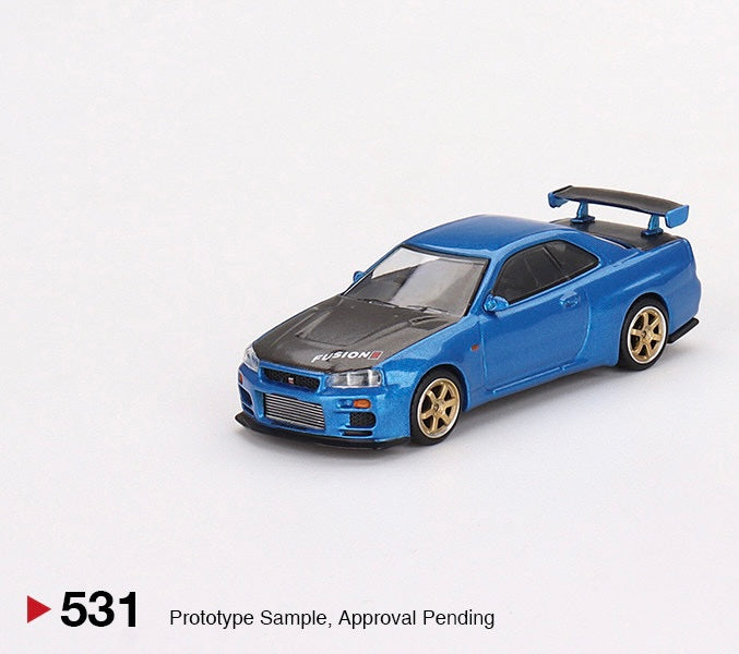 Mini GT 1:64 Scale Nissan Skyline GT-R (R34) Top Secret Bayside Blue