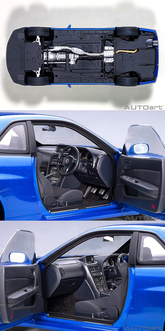 Brand New AutoArt 1:18 NISSAN SKYLINE GT-R (R34) V-SPEC II - BLUE - BBS Wheels Edition